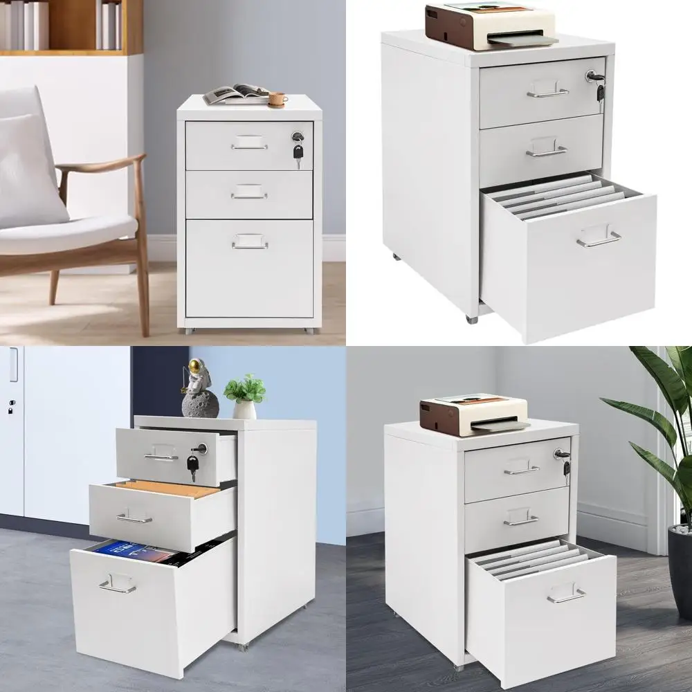 

3-Tier Metal Vertical File Cabinet with Wheels, Lockable, Mobile Storage for Home Office (White)