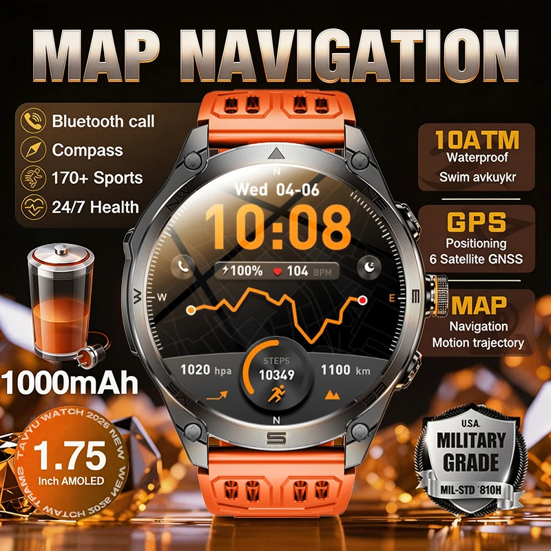 

Новые военные умные часы с GPS, 1000 мАч, для мужчин, 1,75-дюймовый AMOLED-экран, водонепроницаемые часы 10ATM, компас, альтиметр, фонарик, умные часы для iOS