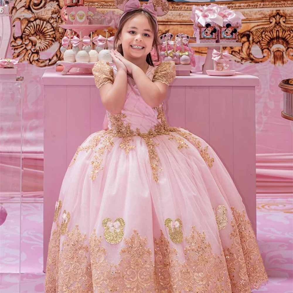 Lace Golden Applique Elegant Flower Girl Dress Short Sleeve Bow Floor Length Long Ball Classic First Communion Dress Customized
