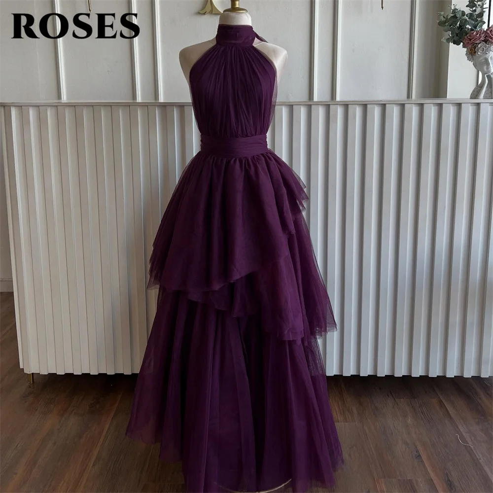 

ROSES Deep Purple Prom Gown Halter Formal Dinner Dresses Multilayer Tulle Party Dress Sexy Backless Dresses For Prom Customized