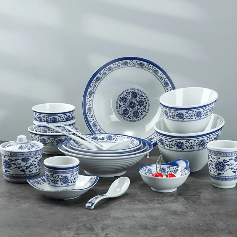 Blue And White Imitation Porcelain Dinner Plates Snack Tray  Soup Rice Bowl Spoon Plastic Creative Hotel Restaurant Sushi Plate