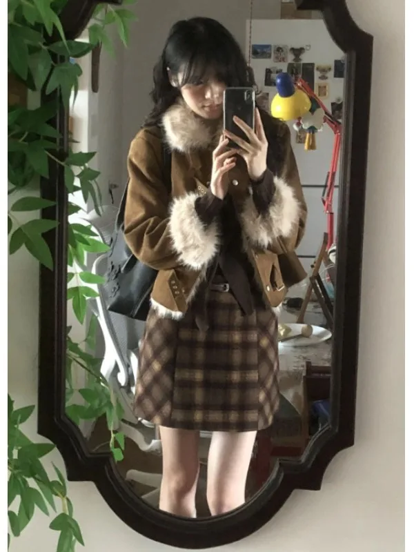 Cappotto in Pelle con Pelliccia Stile Retrò di Lusso, Vestibilità Ampia, per Donne di Bassa Statura, Moda Invernale