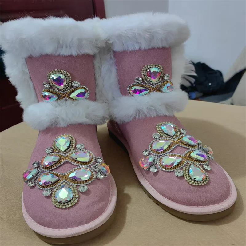 

Wrase rabbit hair heavy diamond accessories Pink wedding party fur one snow boots thickened women's casual cotton shoes 35-44