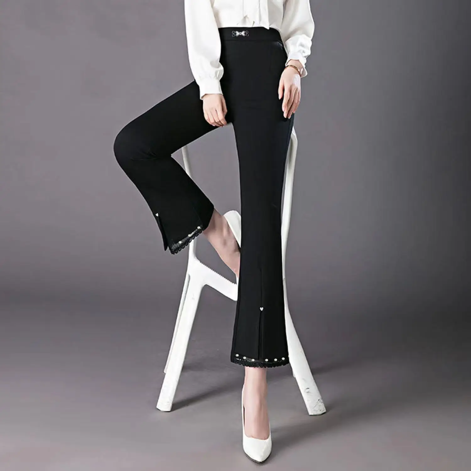 Women's New Stylish Flared Pants with a Sense of Spring Lace Splicing High Waist Drooping Showing Slim Fit Casual Long Pants