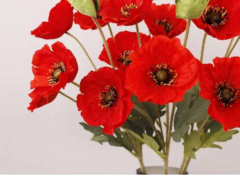 10 Stück Künstliche Beflockte Mohnblumen-Zweige Seidenblumen Einkaufszentrum-Dekoration Gelbe Mohnblumen-Simulation Café-Dekor – Detail 12