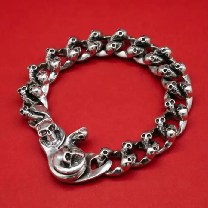 

S925 Sterling Silver Aggressive Punk Skull Tank Bracelet Vintage Fashion Personality Trendy Men's INS New Cuban Product