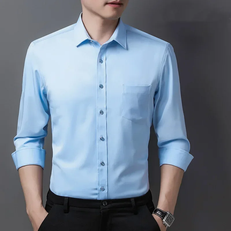 New Men Casual Long Sleeve Dress Shirts Single Patch Pocket Standard-fit Formal Business Work Office Solid Social Shirt S-4XL