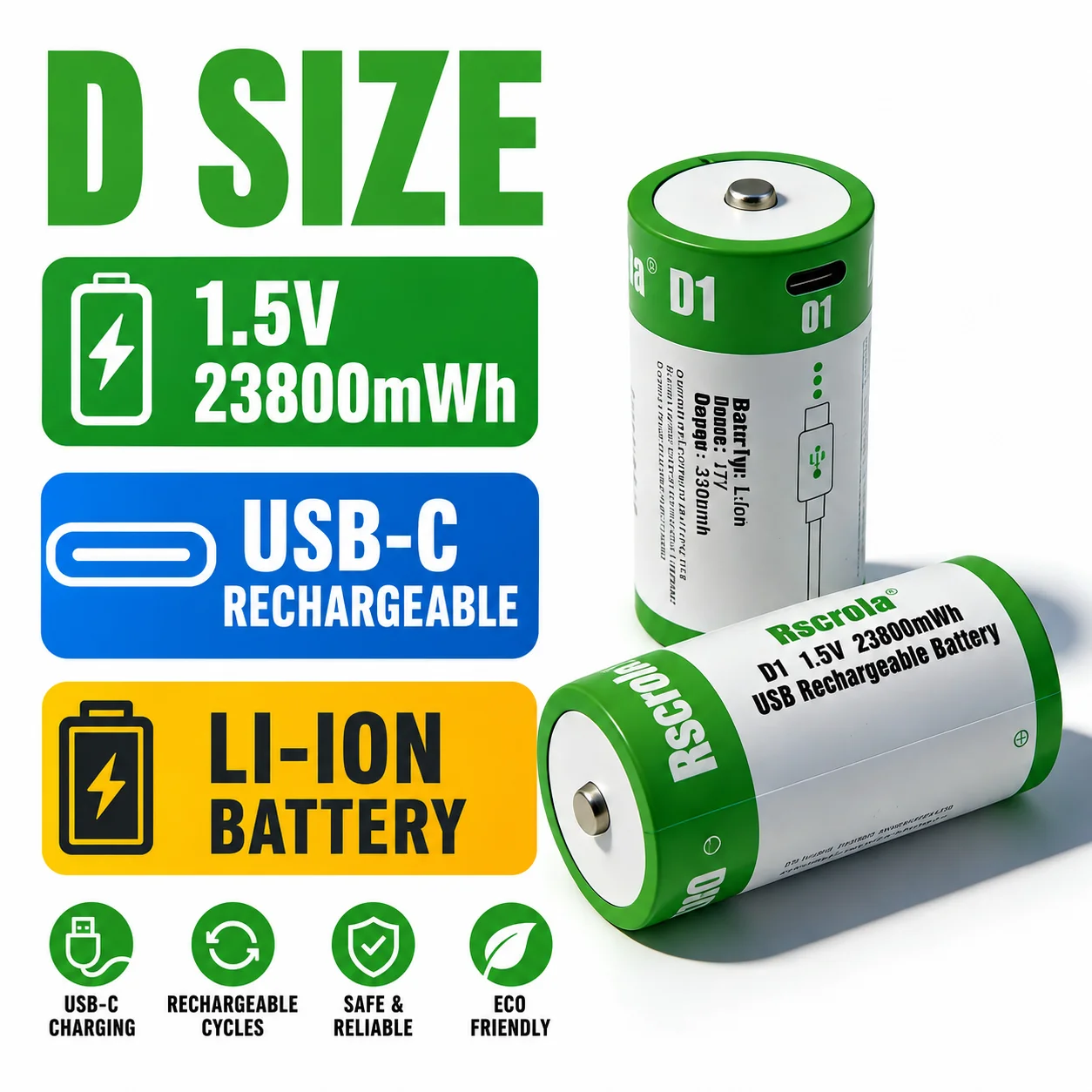 Batterie Li-ion rechargeable USB-C de taille D, 1,5 V, 23800 mWh, haute capacité, pour lampe de poche, lanterne, jouets, batterie D