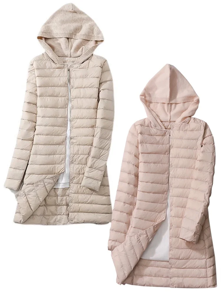 

2025 Autumn Winter Women Knitted Hooded Patchwork Down Coat Warm Light White Duck Down Jacket Female Long Puffer Parkas Outwears