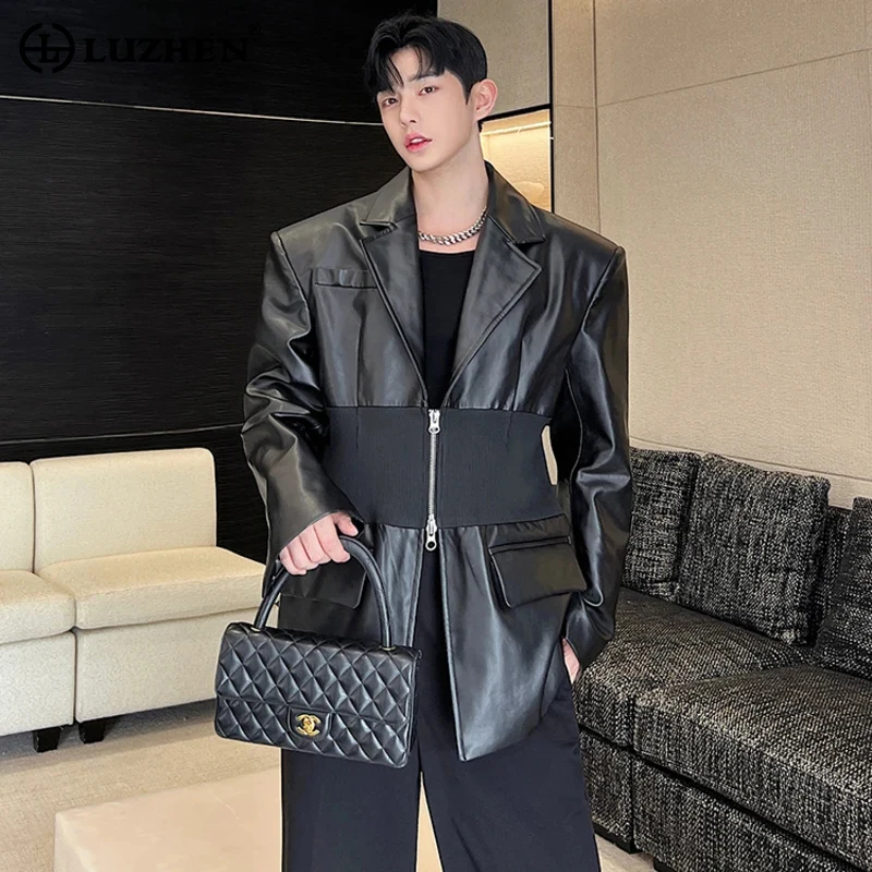 LUZHEN New Trendy Men's Knitted Splicing Design Leather Blazers Coat Double Zipper Shoulder Pad Suit Jacket High Street 9fa8a4