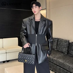 LUZHEN New Trendy Men's Knitted Splicing Design Leather Blazers Coat Double Zipper Shoulder Pad Suit Jacket High Street 9fa8a4