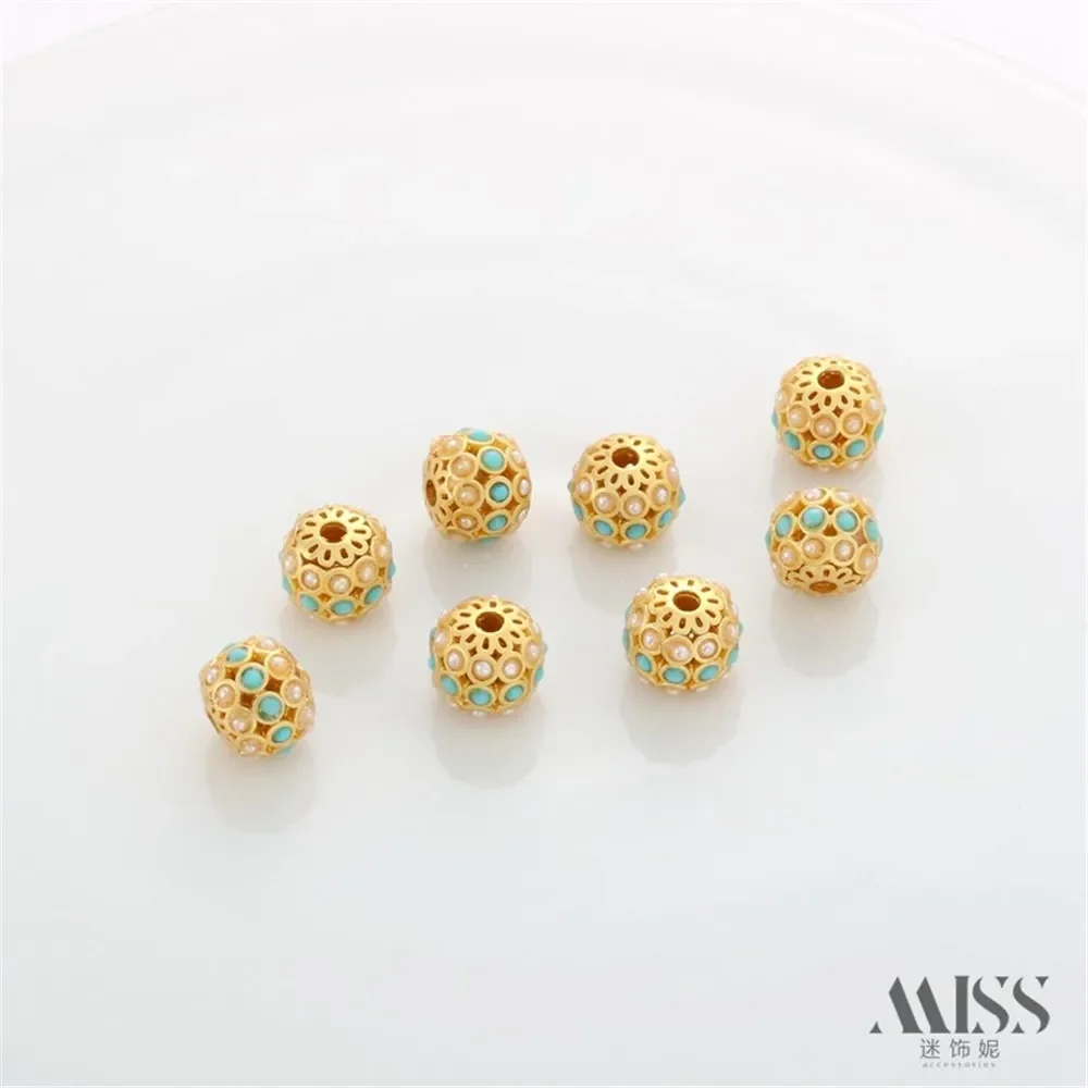 18K الذهب حقيبة اللون ماتي الذهب مطعمة الفيروز اللؤلؤ الجوف حبة نقل حبة سوار ذاتي الصنع قلادة مجوهرات اكسسوارات