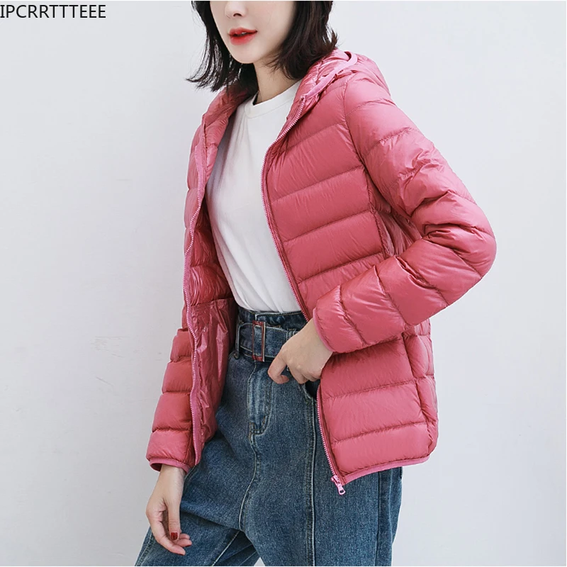 Autumn Winter Women Ultra Light Down Jackets Slim Solid Long Sleeve Hooded Women 90% White Duck Down Jackets