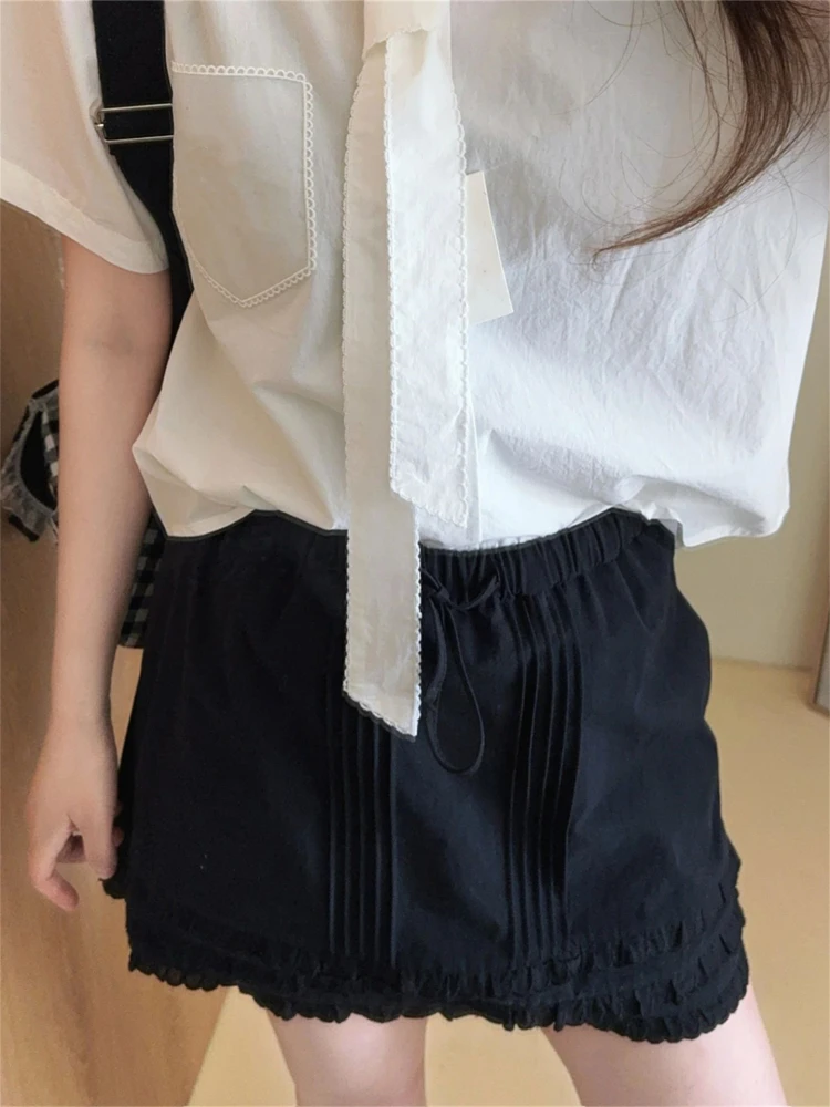 

Bla High Waist A-Line Skirt with Wood ain Ruffle Design plus Size Women's Faionable Pleated Belted Korean Sle