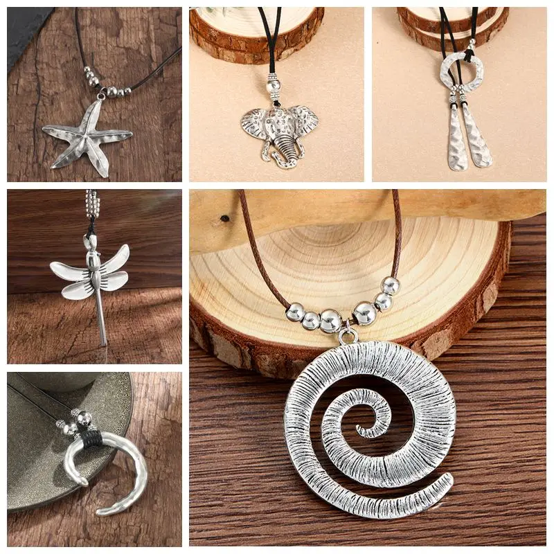 Vintage Beaded Exaggerated Disc Silver Color Metal Pendant Necklaces for Women Bohemian Ethnic Style Leather Cord Jewelry