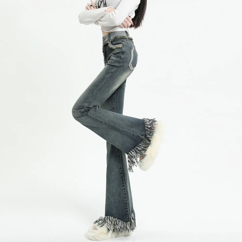 

Women's Vintage Tassel Micro-La Jeans, High Waist, Slim Rash Flared Pants, Female Fashion, Spring, Autumn, New, 2023