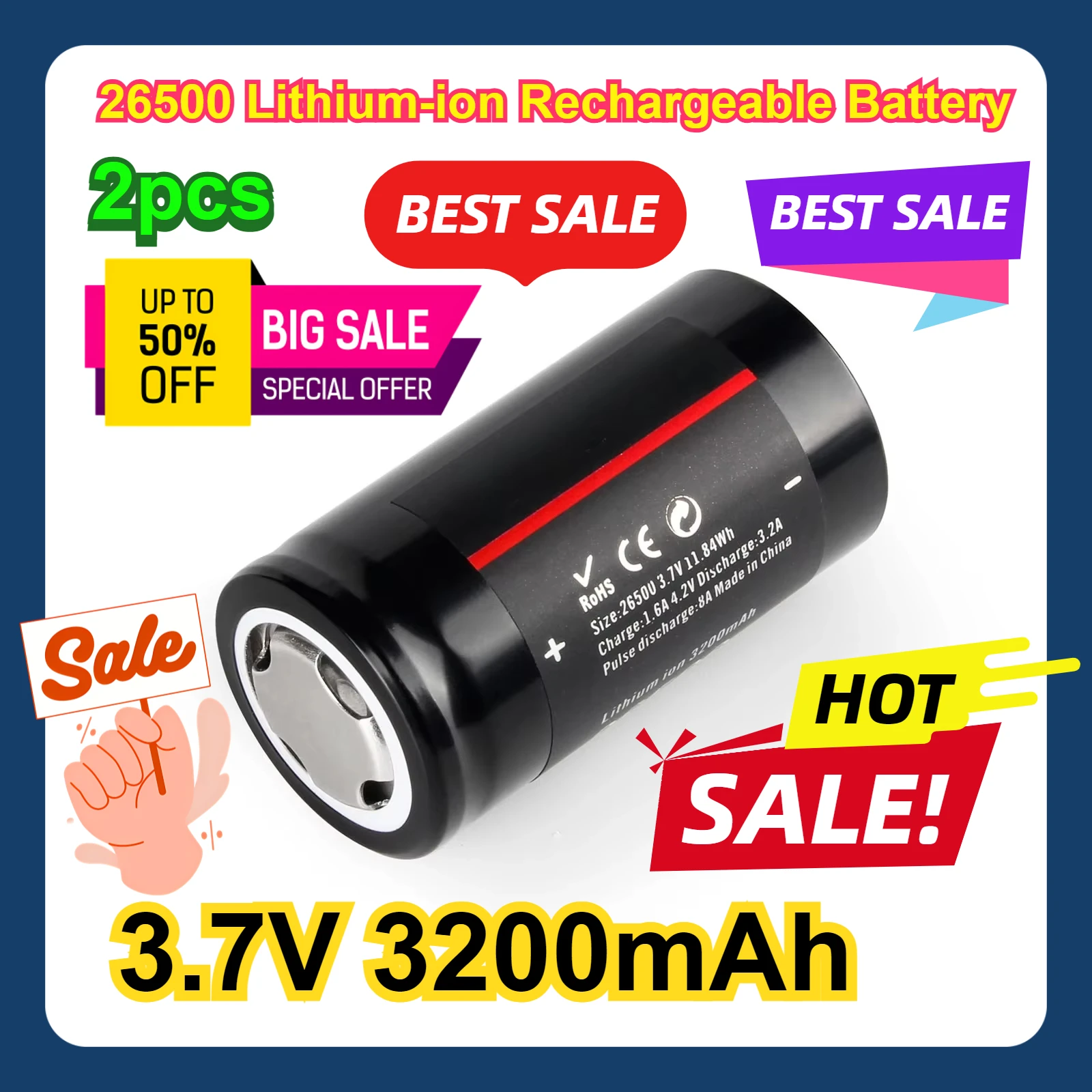 3.7V 3200mAh Lithium-ion Rechargeable Battery 2pcs/lot 26500