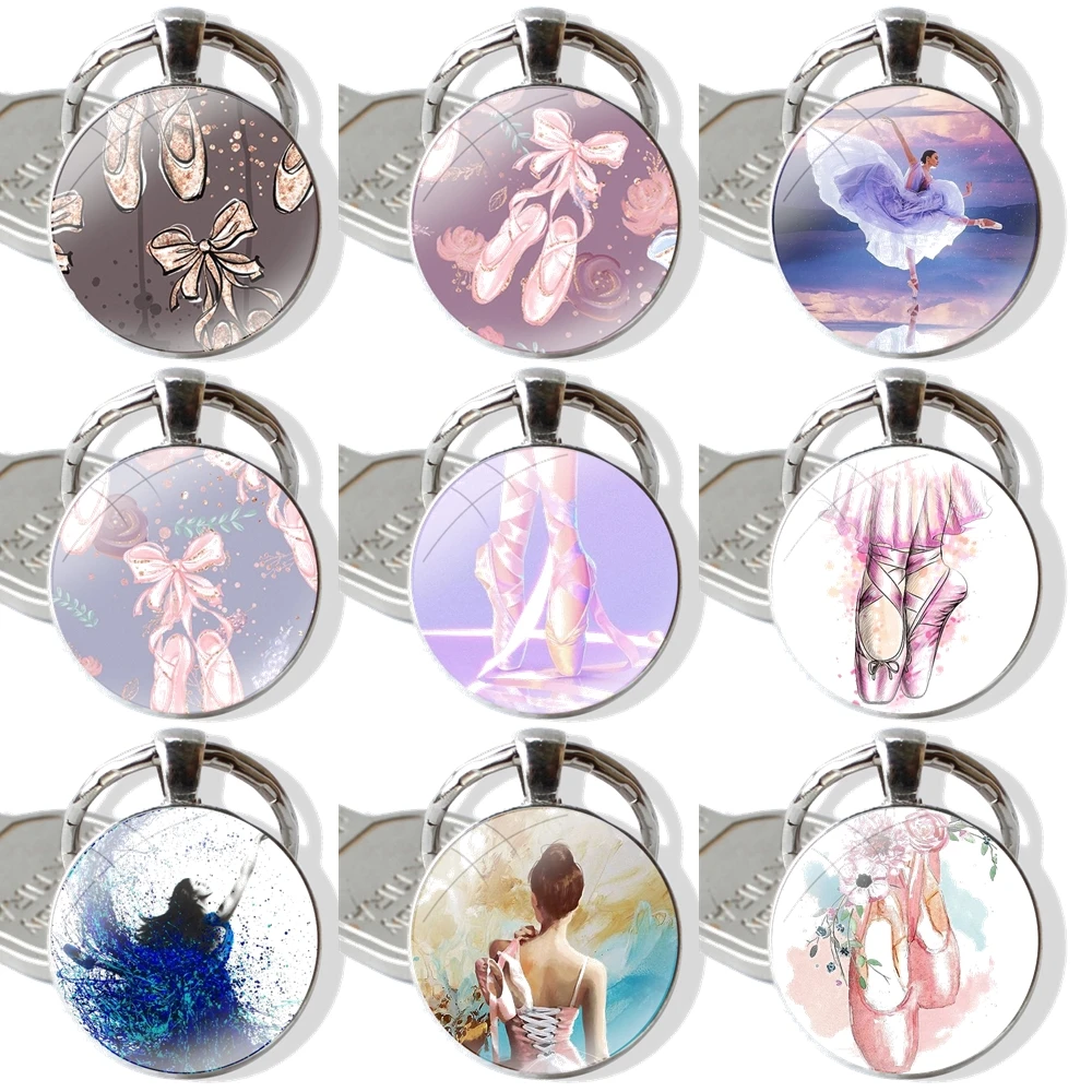 Love Ballet Dancer Art Girl Glass Metal Pendant Key Chain Classic Men Women Key Ring Accessories Jewelry Gifts