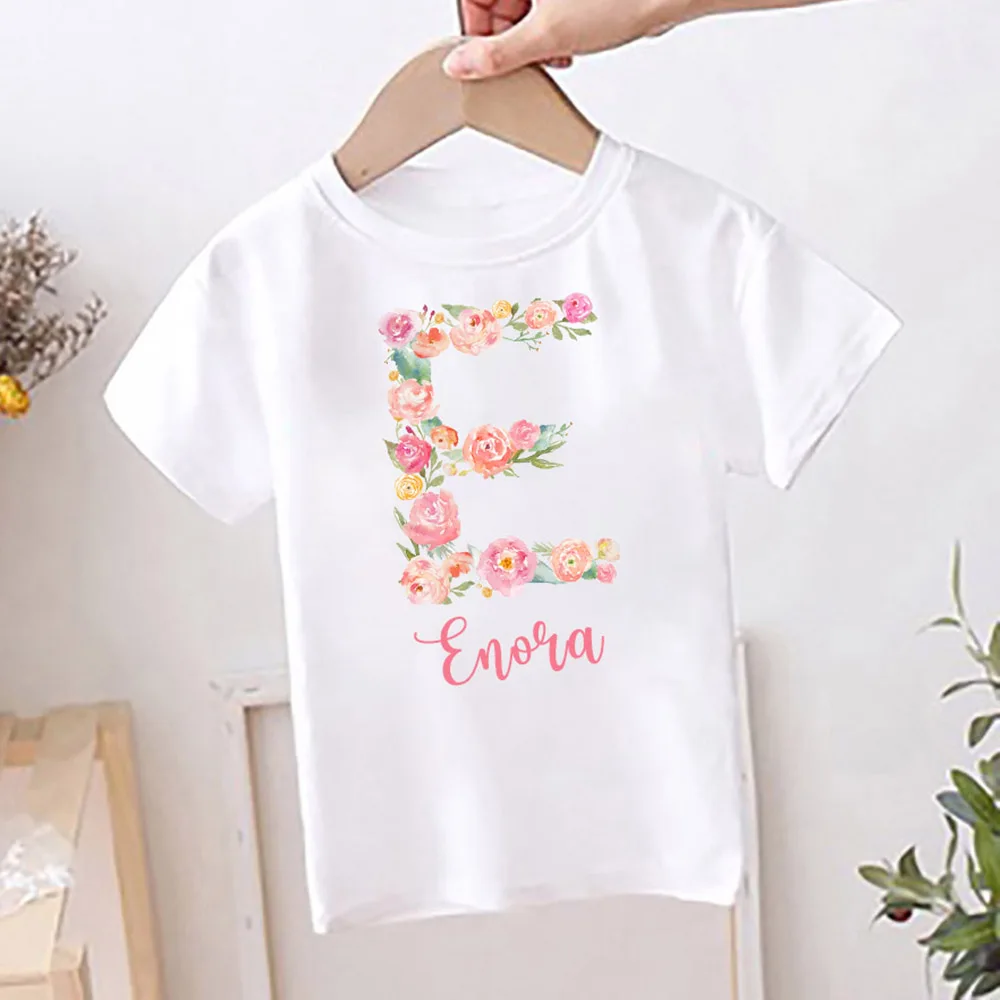 Personalised Flower Letter Print Kids Birthday T-shirt Child Custom Name Clothes Tops Girls Shirt Birthday Party Present T Shirt