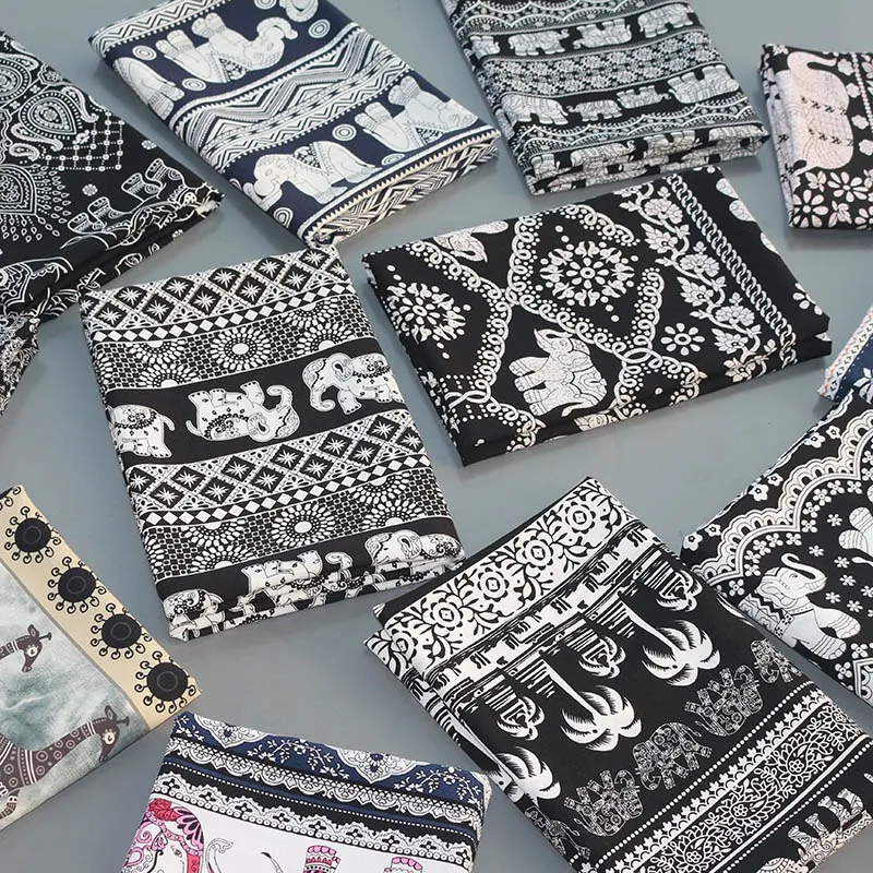 Elephant Series Printed Rayon Fabric By The Meter for Clothing Pants Dresses Skirts Pajamas Bags DIY Sewing Cloth Soft Black