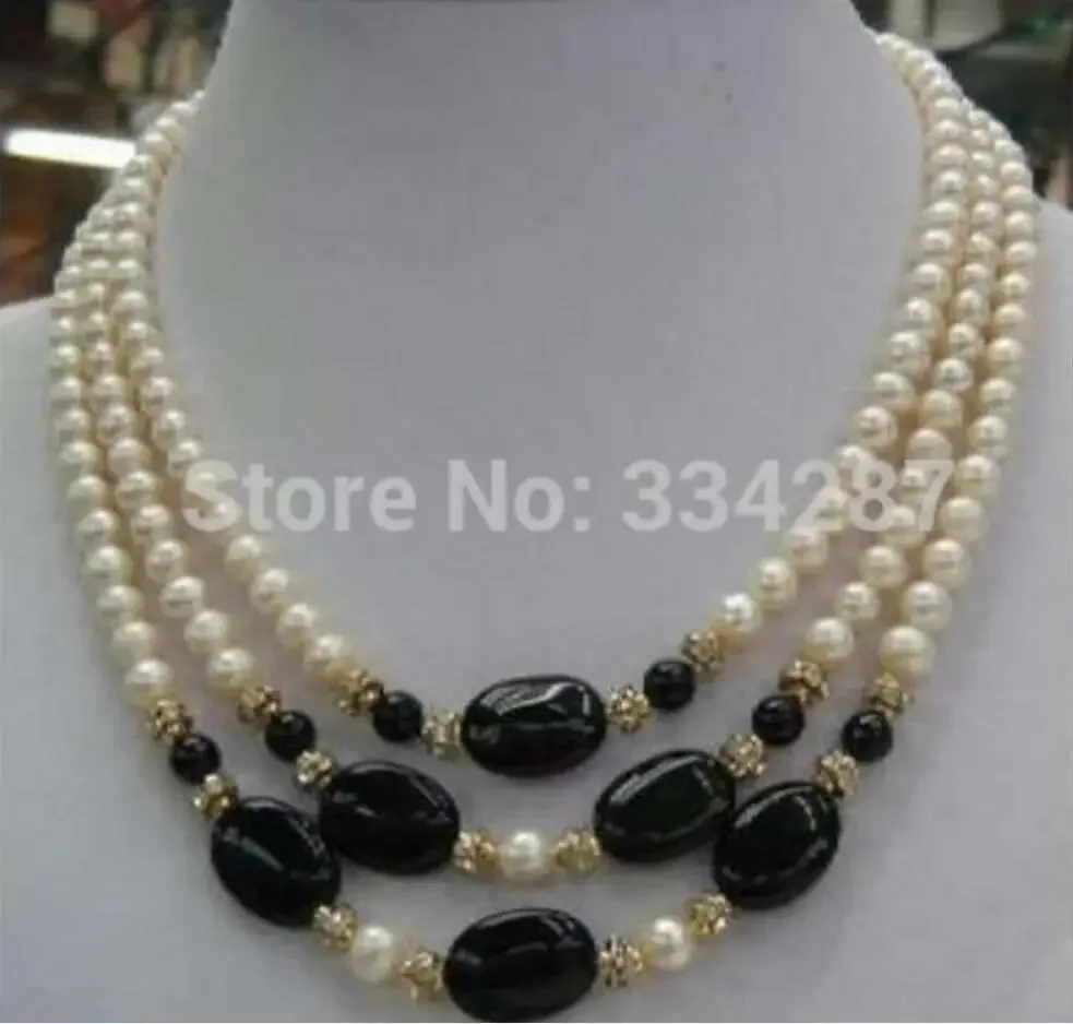 Jewelry   3Rows Genuine 6-7MM Pearls Black Agates Wedding Jewelry gift necklaces