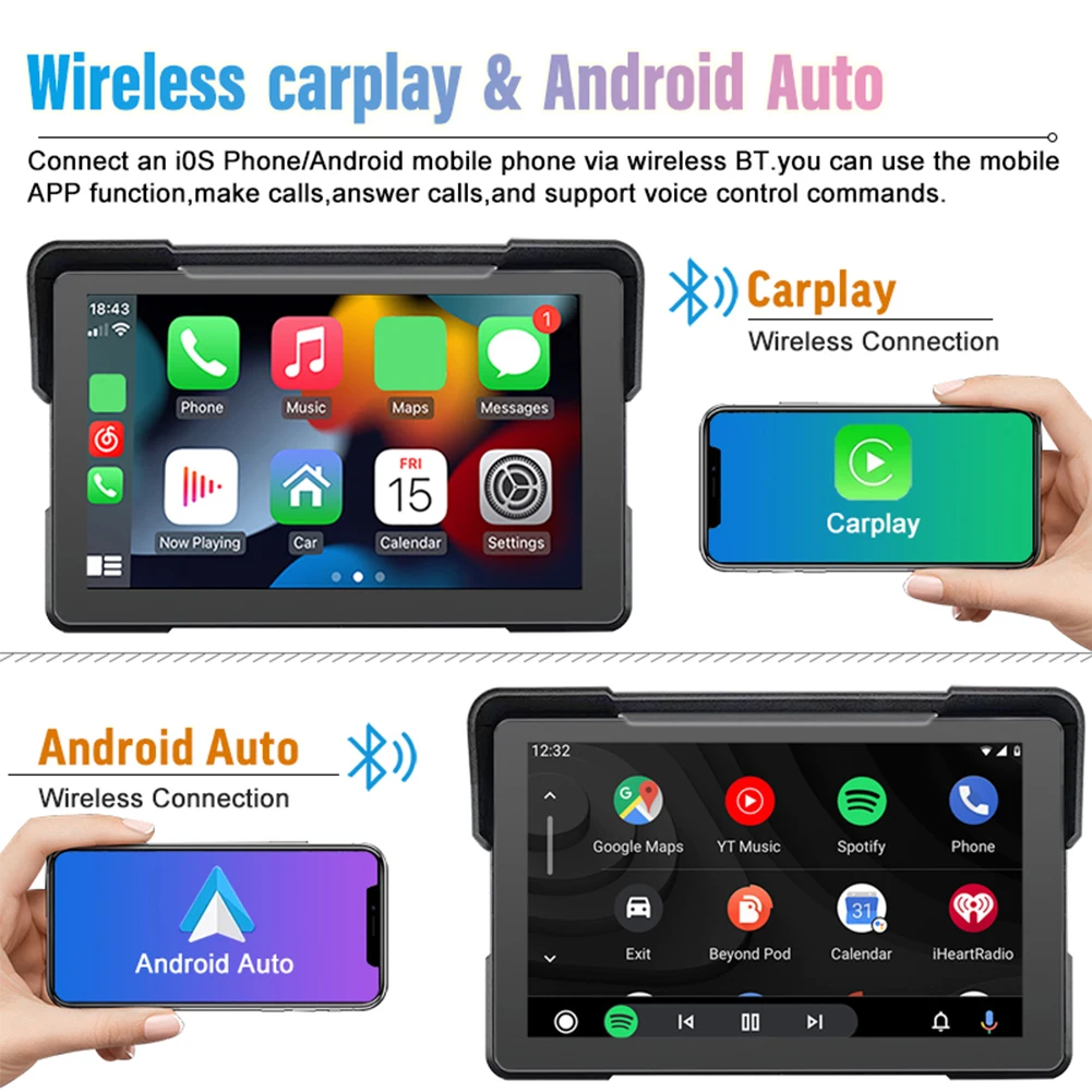 

7-дюймовый мотоциклетный HD-дисплей, GPS-навигация, встроенный Carplay/Android Auto, WIFI/BT Link, беспроводной GPS-сенсорный экран, водонепроницаемый IPX7