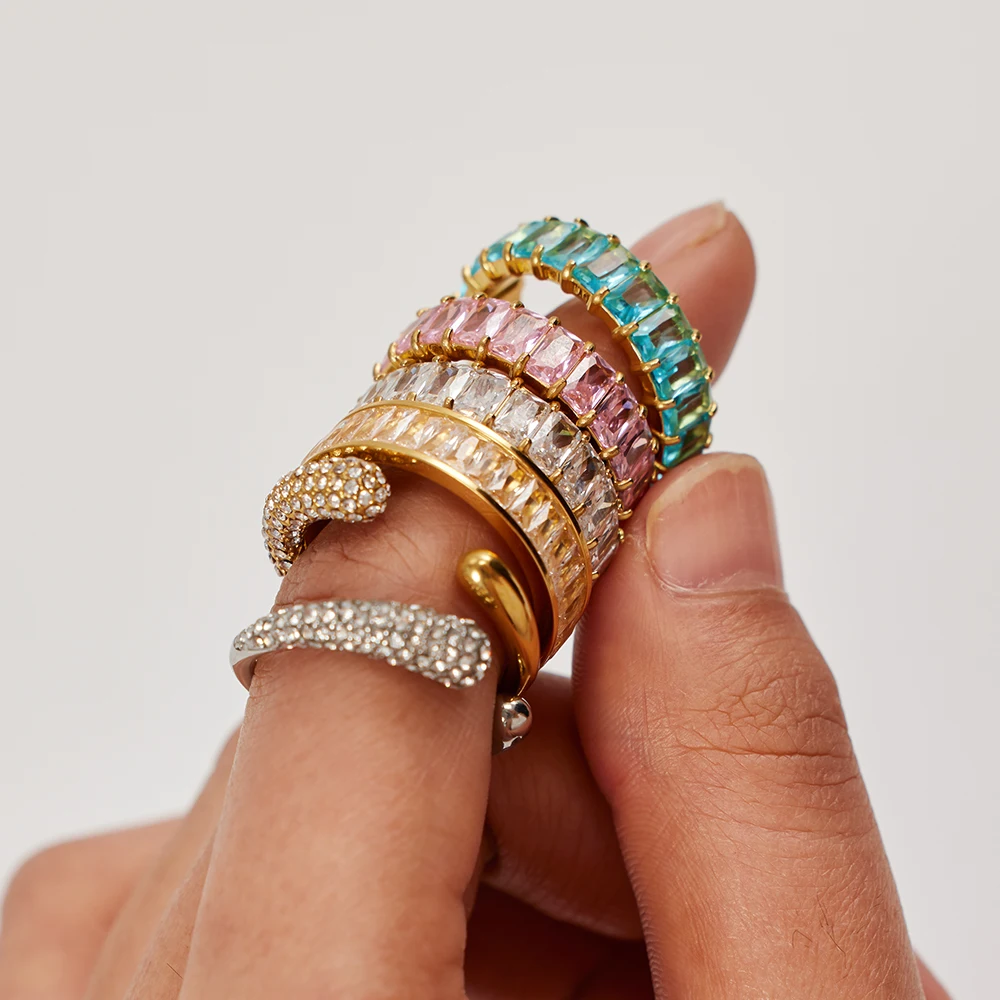 Uworld impermeable de lujo brillante Zirconia cúbica exquisito acero inoxidable elegante anillo abierto ajustable joyería de moda anillos mujer