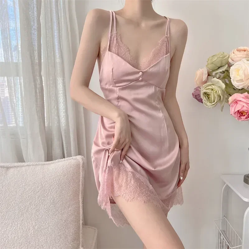 Sexy Ice Nightgown Sleepwear Pad Thin Suspender Mini Silk Hot Satin Nightdress Back Summer Girl Nightwear With Open Sling