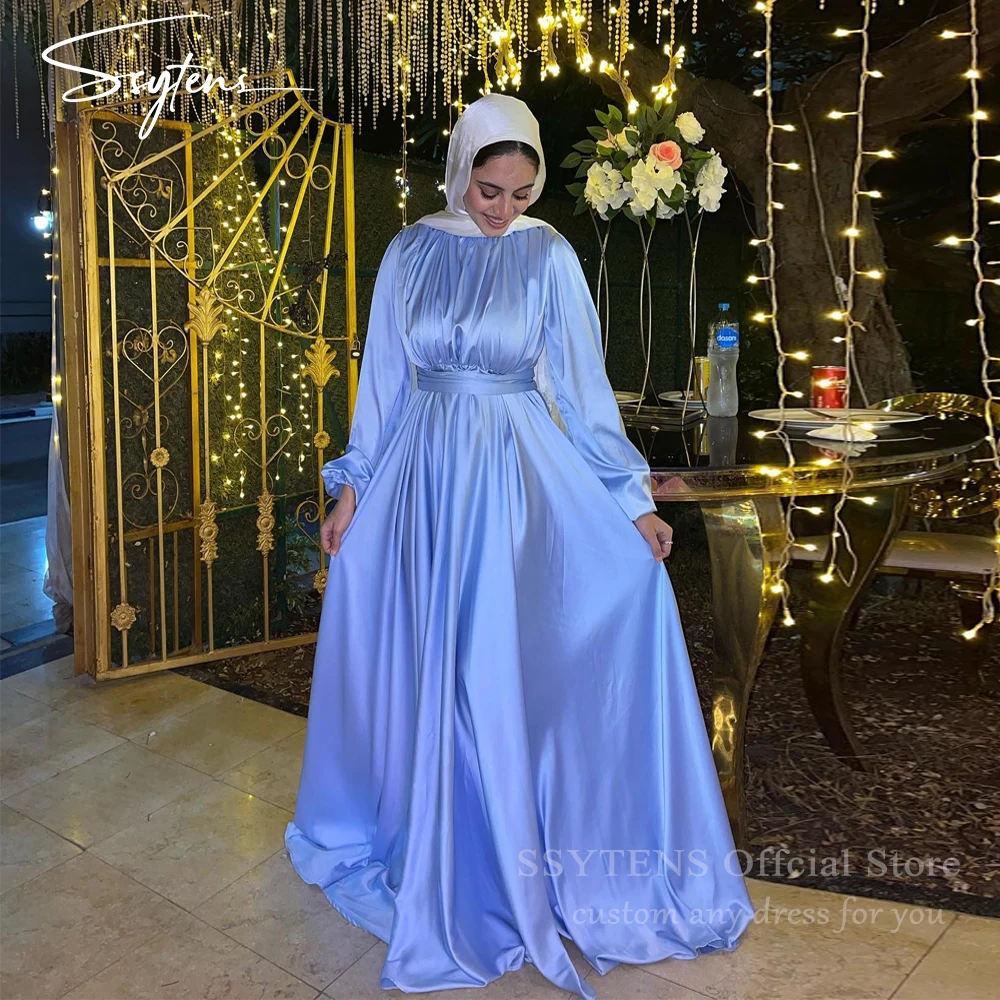SSYTENS Luxury Blue Satin Evening Prom Dresses Long Sleeves Floor Length Dubai Muslim Event Party Dress for Ramadan Customized