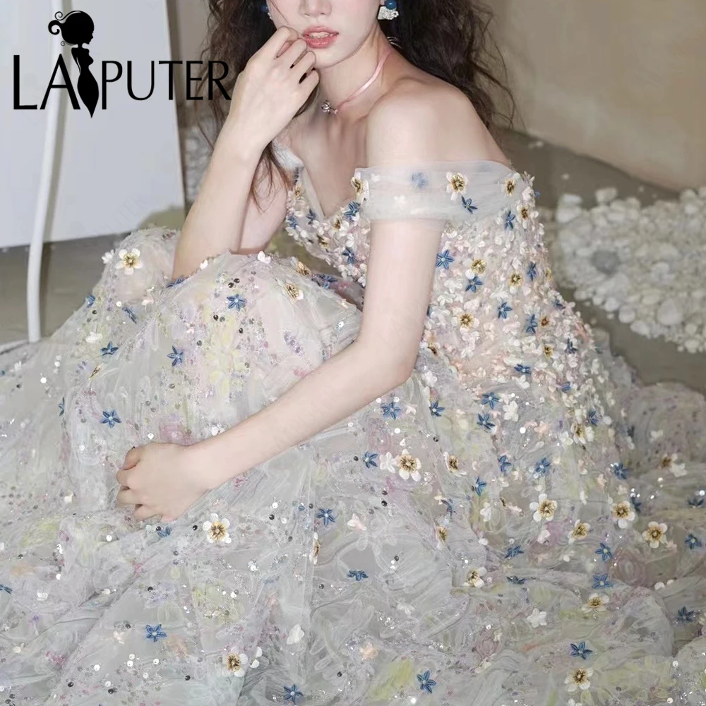 Full Floral Flowers Puffy Prom Dresses Off Shoulder A line Girl Evening Gown Tulle Lovely Party Celebrity Dress