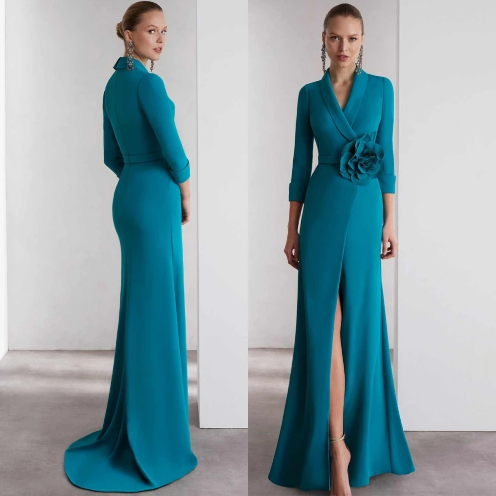 

Customized Elegant Jersey V-Neck Evening Dress Classic Long Sleeves Homecoming Dresses Delicate Flowers Bespoke Occasion Gowns