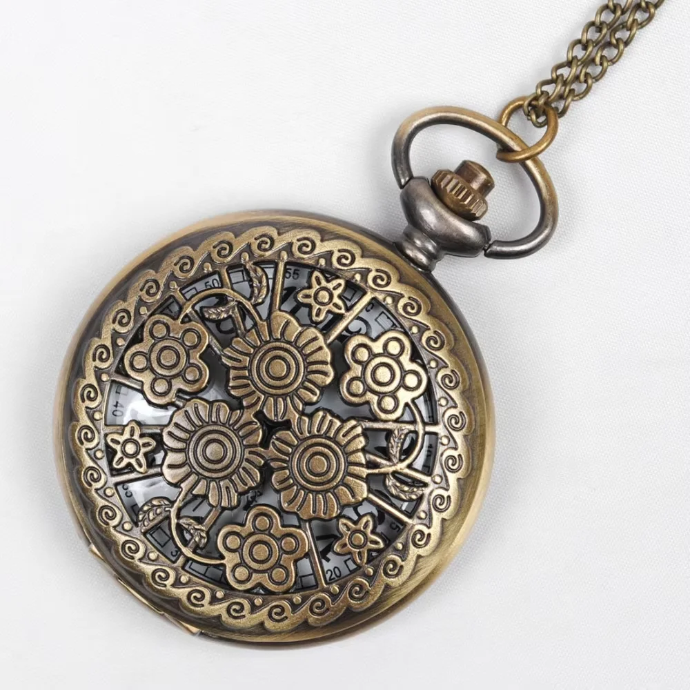 

Classic charm camellia perspective pocket watch bronze retro hollow gift chain quartz montel fashion casual pocket watch