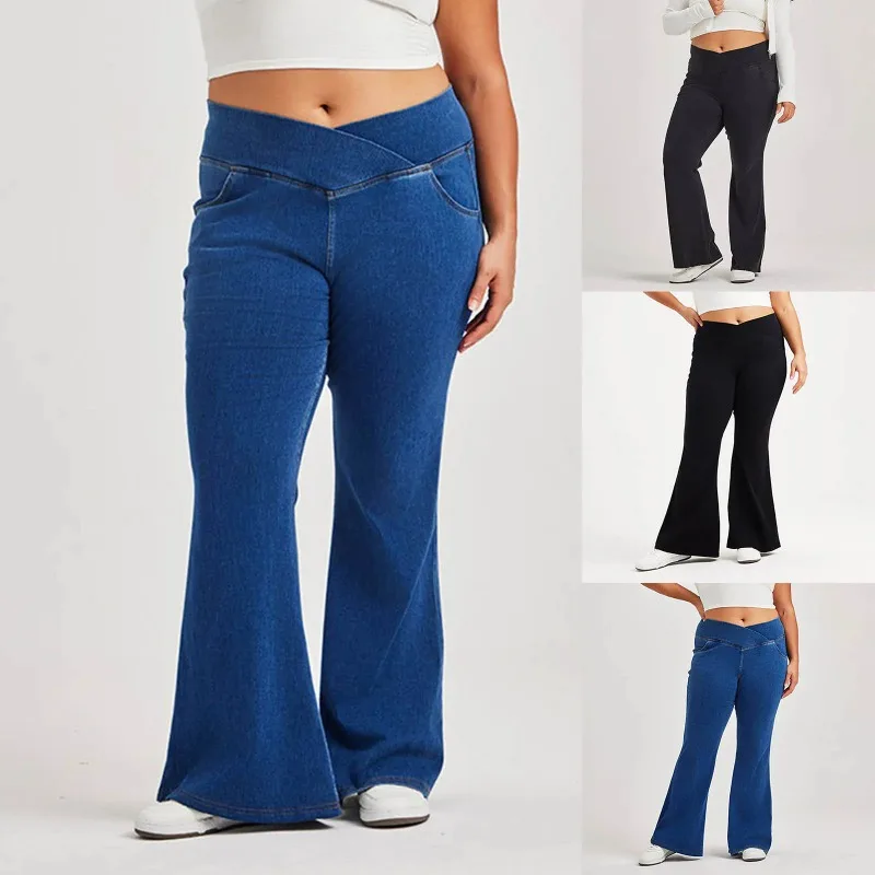 جينز نسائي مفتوح المنشعب كبير الحجم بجزء سفلي للنساء سروال جينز عالي الخصر قابل للتمدد مع جيوب عصرية