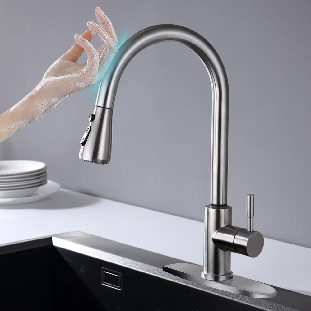 

Commercial brass sanitary ware single handle sink taps 304 stainless steel touch motion sensor kitchen faucet