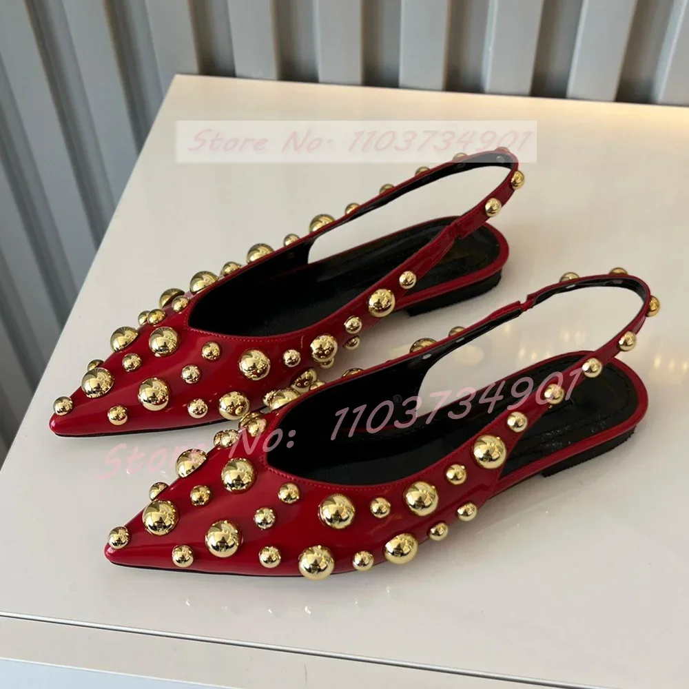Round Rivet Pointy Toe Flat Sandals Women Fashion Classy Casual Low Heels Sandals Ladies Party Patent Leather Big Size Shoes
