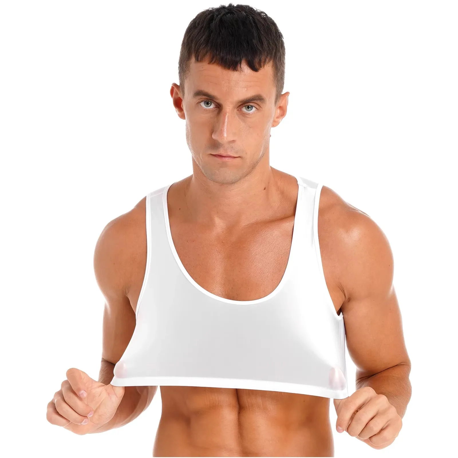 Mens Adult Glossy Cropped Tank Top Solid Color Sleeveless Corset Vest Tops Swimwear Bodybuilding Sports Bra Vest Tee Nightwear