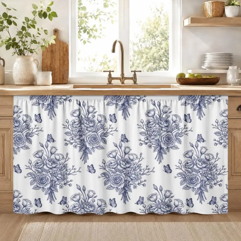VIKAMA Vintage Blue Sketch Rose Butterfly Cabinet Curtain Floral Under Sink Dust Cover Kitchen Counter Decor Short Curtain