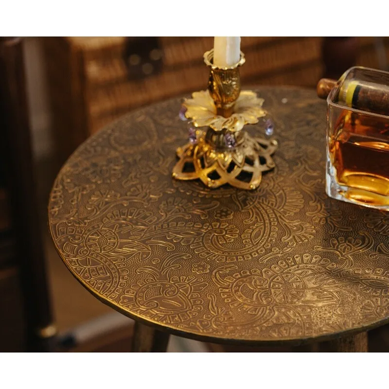 Cherry room import side table all handmade hammer pattern antique brass round table retro solid wood living room side table Indi