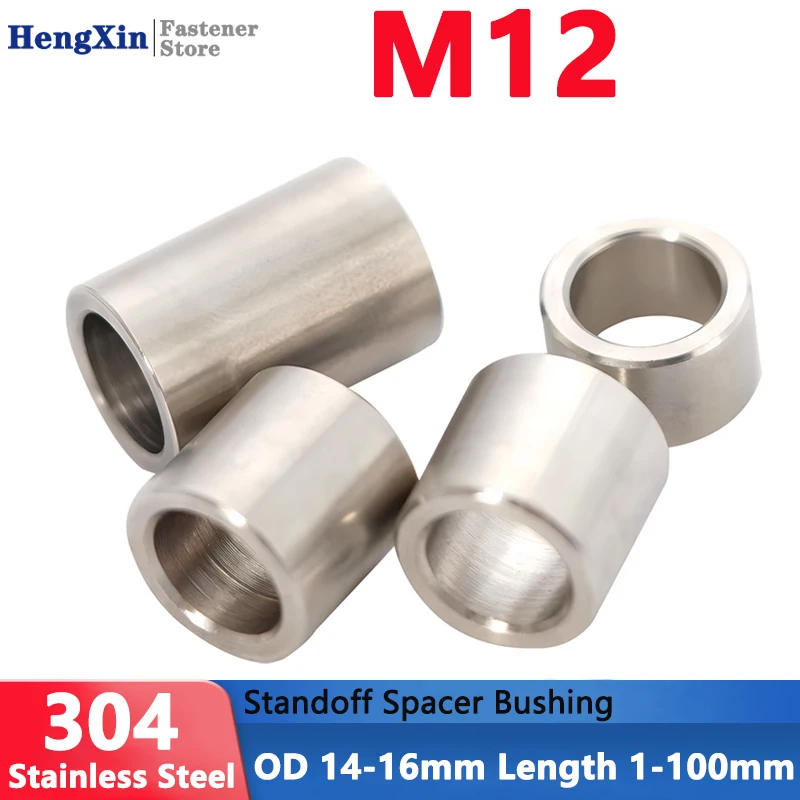 OD 14/15/16mm M12 304 Stainless Steel Unthreaded Bushing Washer Gasket Round Hollow Standoff Spacer Sleeve Length 1-100mm