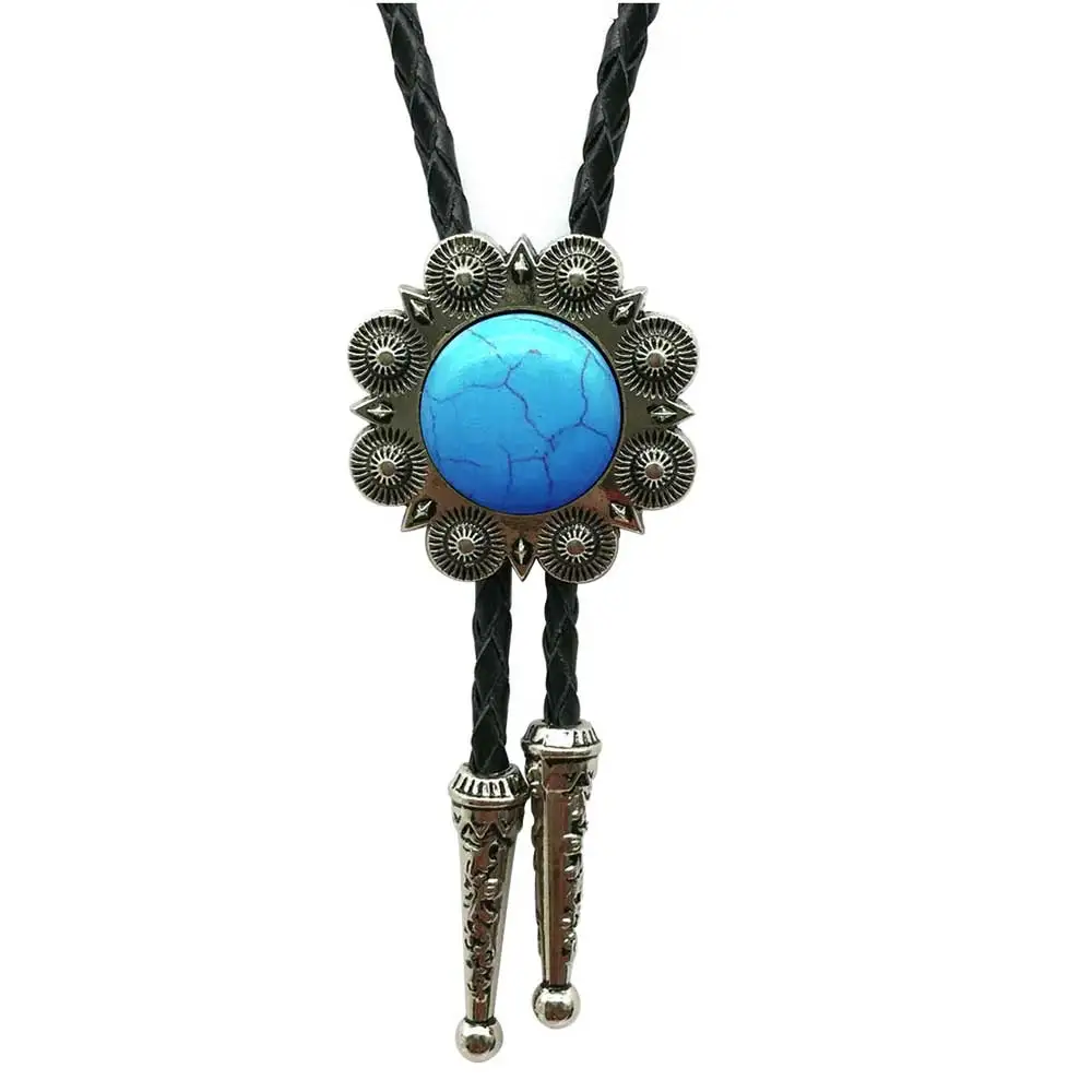 Vintage Silver Sunburst Frame Synthetic Turquoise Stone Western Cowboy Bolo Tie with Braided Leather Cord