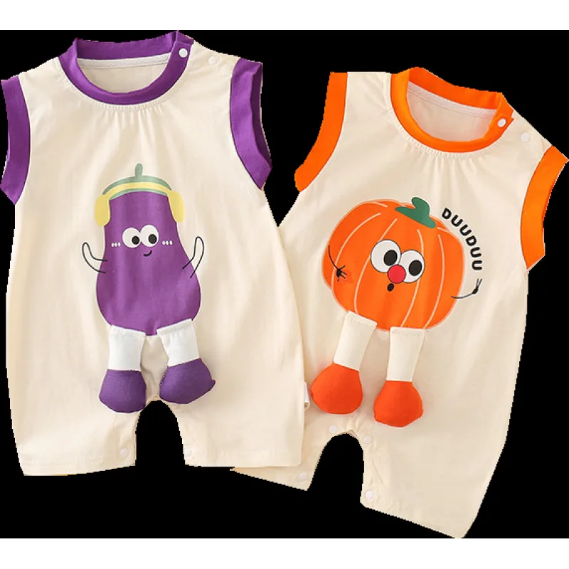 

Adorable Sleeveless Baby Romper with 3D Pumpkin & Eggplant Print, Lightweight Summer Crawler Outfit for Infants Trendy and Cute