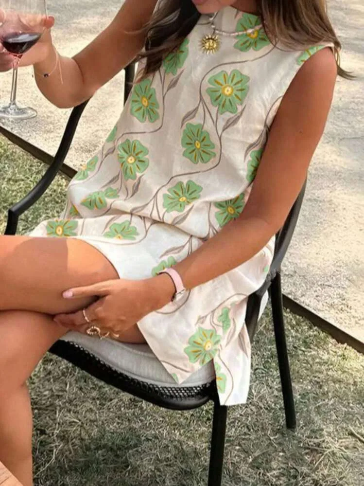 Damska mini sukienka na wakacje na plaży, modna sukienka bez rękawów z kwiatowym nadrukiem, okrągły dekolt, luźna sukienka na lato 2025 w nowym stylu
