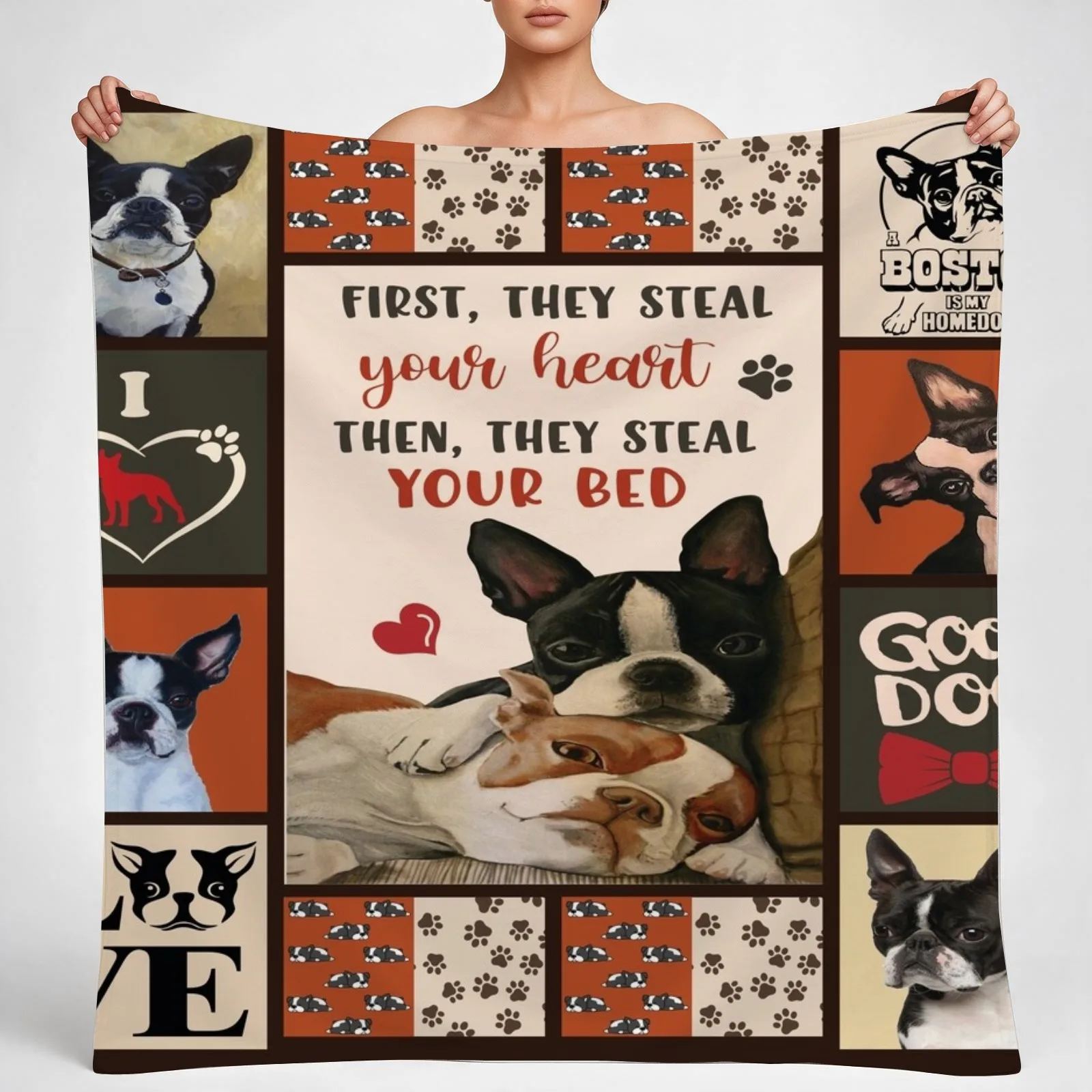 First They Steal Your Heart Then They Steal Your Bed Boston Terrier Throw Blanket couch