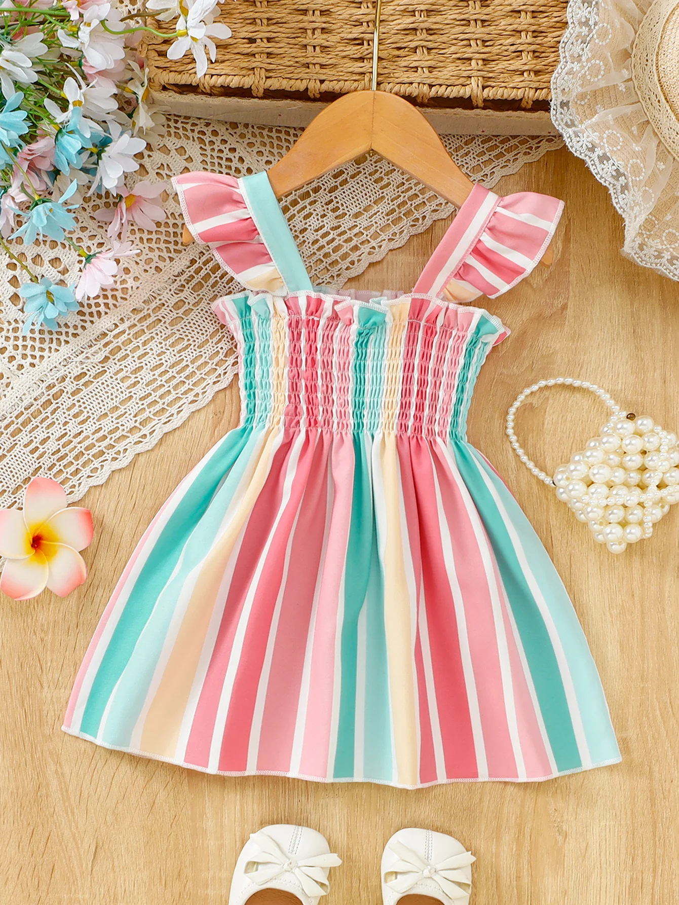 1pc Summer Girls Rainbow Stripe Flutter Sleeve Spaghetti Strap Dress, Daily Wear/Birthday Party/Outdoor Play, 2-6Y Girls, Smocke