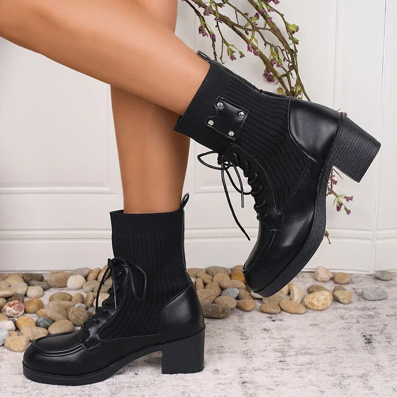 خمر صندل بكعب مكتنز حذاء من الجلد للنساء الخريف الأسود الحياكة أحذية بوت قصيرة امرأة جولة تو الانزلاق على الكعب العالي بوتاس موهير