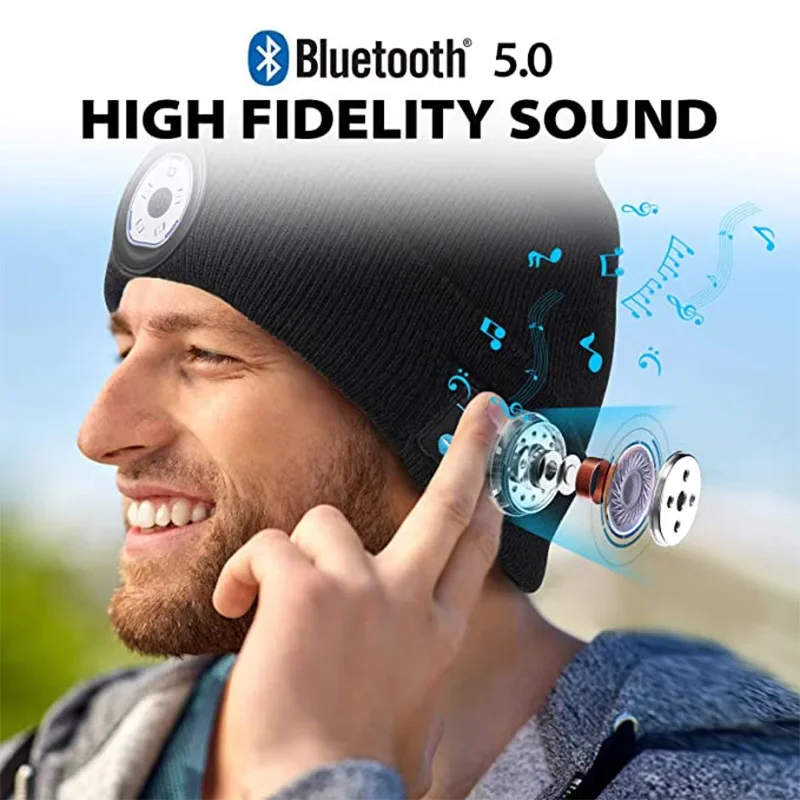 

1 шт., беспроводная музыкальная Bluetooth-совместимая шапка, светодиодный беспроводной вызов, ночной бег, наружное освещение, аварийное освещение, теплая вязаная шапка