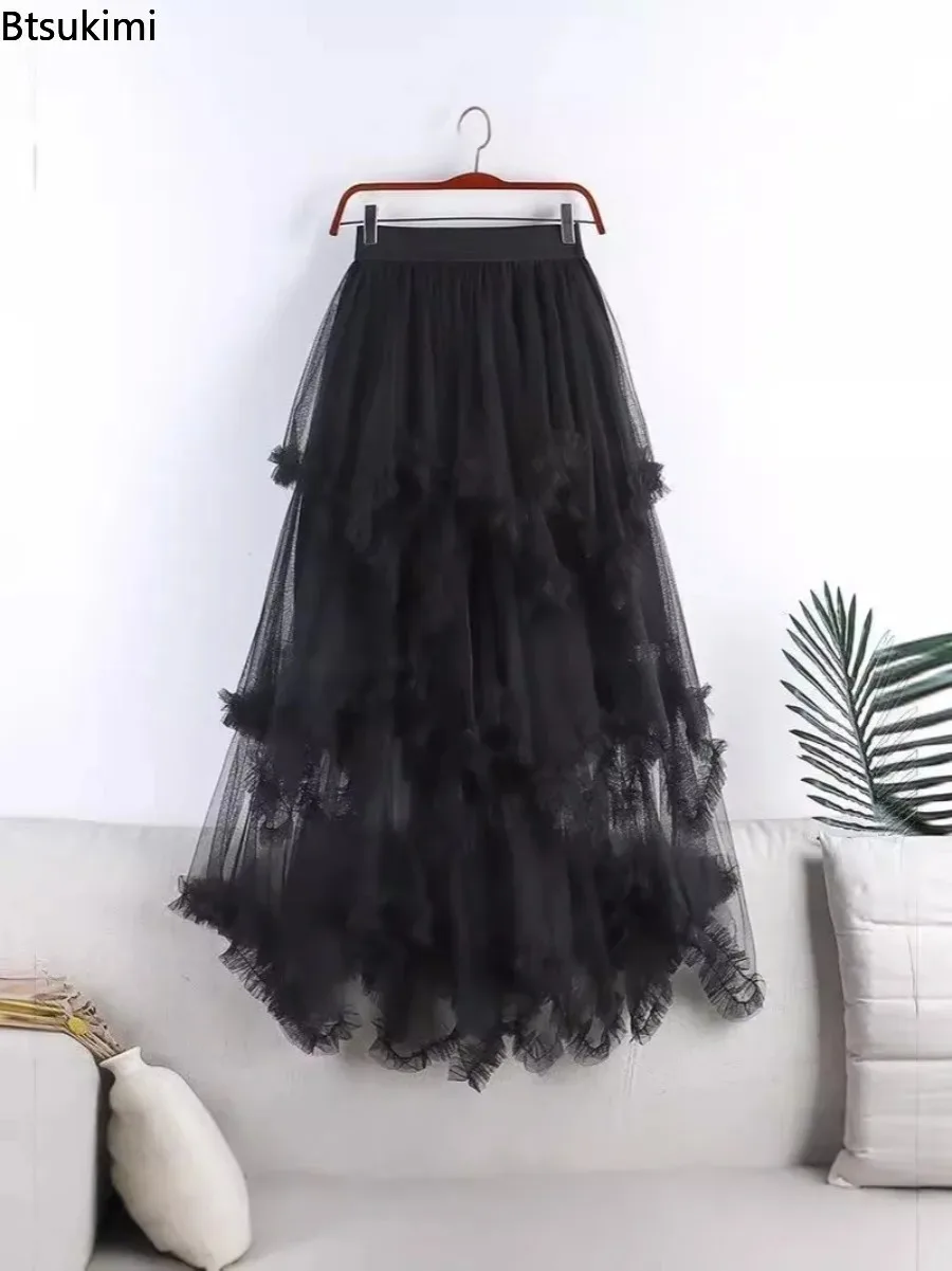Women's New Summer Fashion Irregular Cake Tulle Skirt Sweet Midi Long High Waist A-line Skirt Female Mesh Party Evening Dress