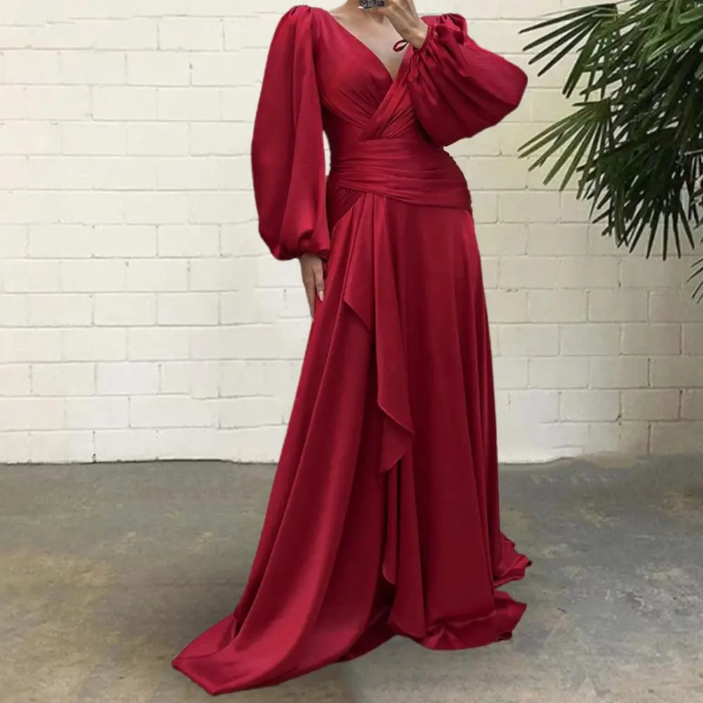 우아한 여성 연회 원피스 새틴 단색 롱 랩 가슴 긴 랜턴 소매, 가을 겨울 분위기 있는 이브닝 원피스, 2023