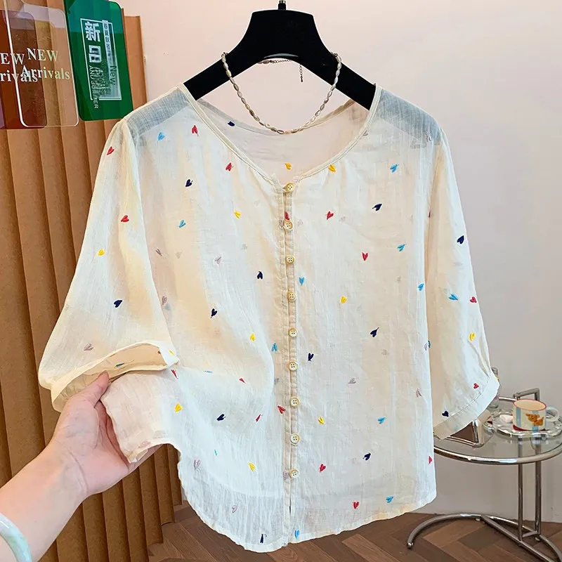 

plus Size Embroidered Cotton Linen Shirt Women's Fashionable Summer New Style Breathable Loose Fit Button up Short Sleeve Top