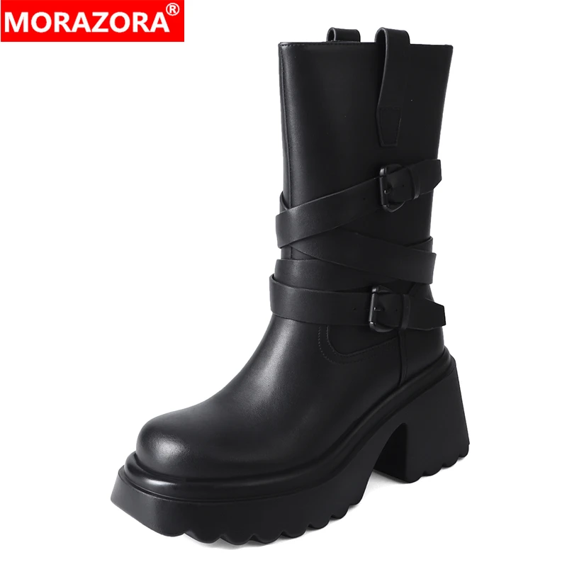 

MORAZORA Жіночі черевики Пряжка Ботильйони з натуральної шкіри ручної роботи Осінь Зима Жіночі черевики на платформі